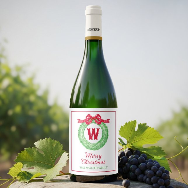 Watercolor Red Polka Dot Bow Monogram Wreath Wine Label (Creator Uploaded)