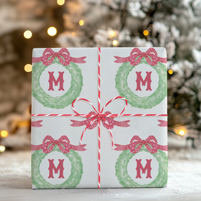 Watercolor Red Polka Dot Bow Monogram Wreath Wrapping Paper (Creator Uploaded)
