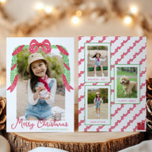 Watercolor Red Polka Dot Bow Swag Christmas Photo Holiday Card