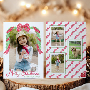 Watercolor Red Polka Dot Bow Swag Christmas Photo Holiday Card
