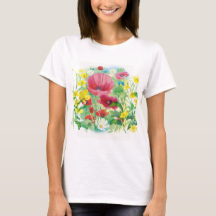 Watercolor red poppies and yellow flowers T-Shirt