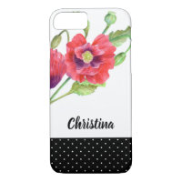 Watercolor Red Poppies Black White Polka Dots