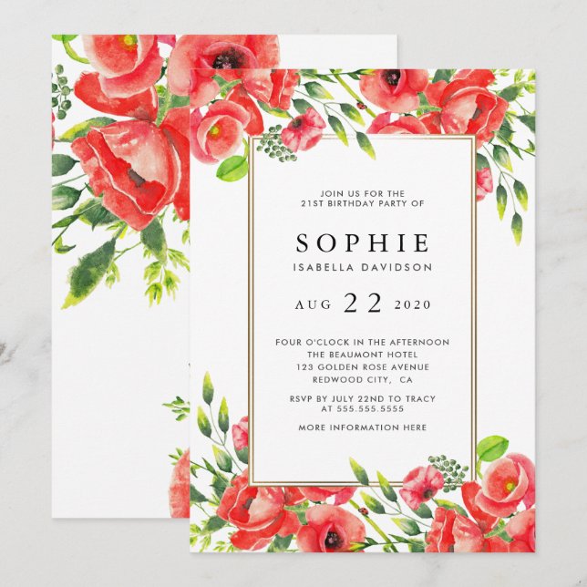 Watercolor Red Poppies Floral Birthday Party Invitation (Front/Back)