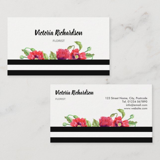 Watercolor Red Poppies Floral Design Business Card (Front/Back)