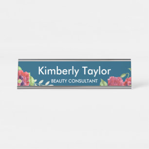 Watercolor Red Poppies Floral Illustration Office Desk Name Plate