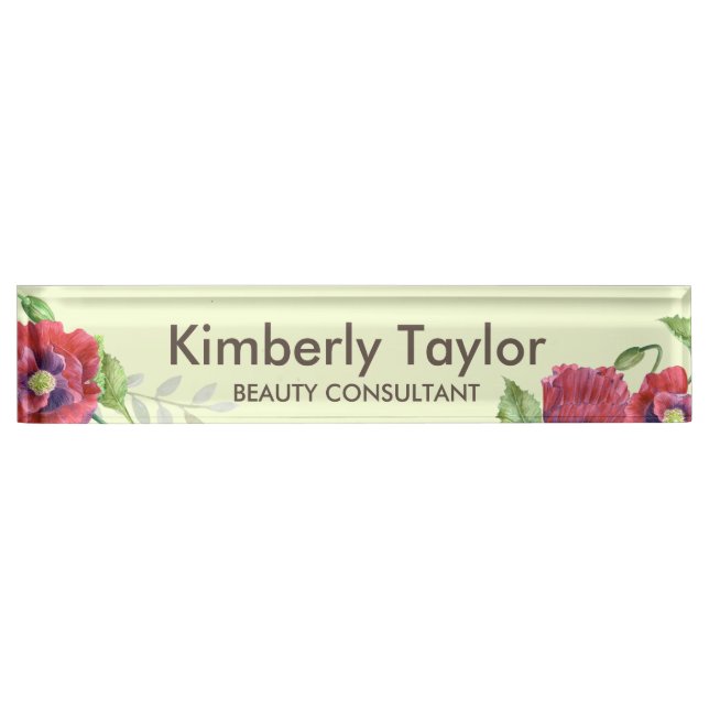 Watercolor Red Poppies Floral Illustration Office Nameplate (Front)