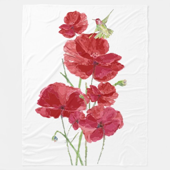 Watercolor Red Poppies Flowers Hummingbird Bird Fleece Blanket (Front)