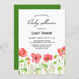 Watercolor Red Poppies Garden Baby Shower Invitation