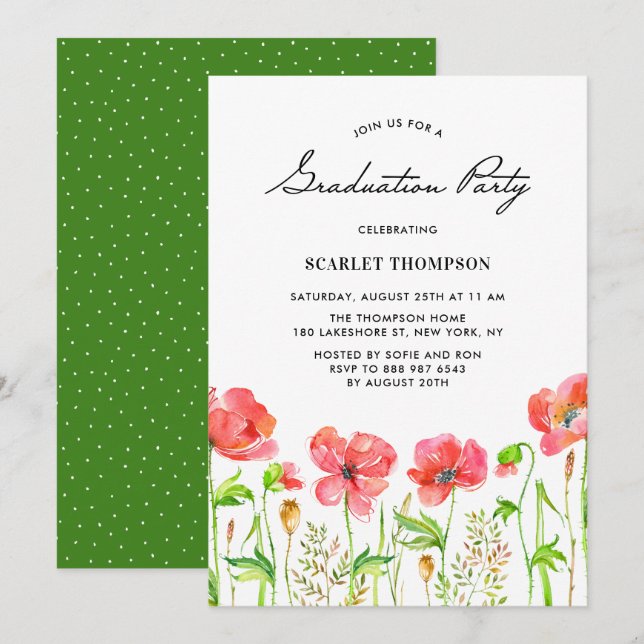 Watercolor Red Poppies Garden Graduation Party II Invitation (Front/Back)