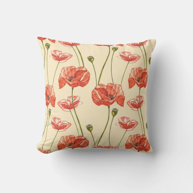 Watercolor Red Poppies Pattern. Cushion (Front)