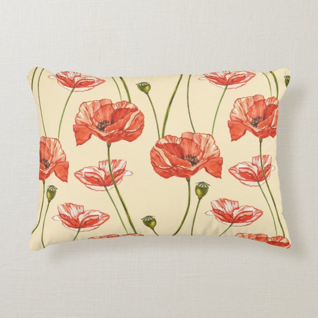 Watercolor Red Poppies Pattern. Decorative Cushion (Front)
