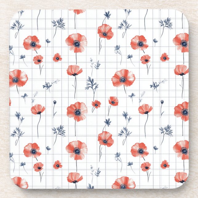Watercolor Red Poppies Pattern on White Coaster (Front)