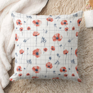 Watercolor Red Poppies Pattern on White Cushion