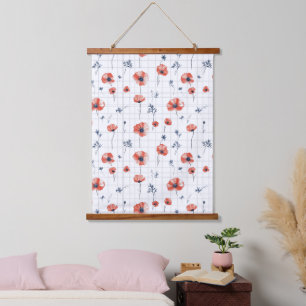 Watercolor Red Poppies Pattern on White Hanging Tapestry