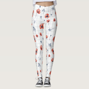 Watercolor Red Poppies Pattern on White Leggings