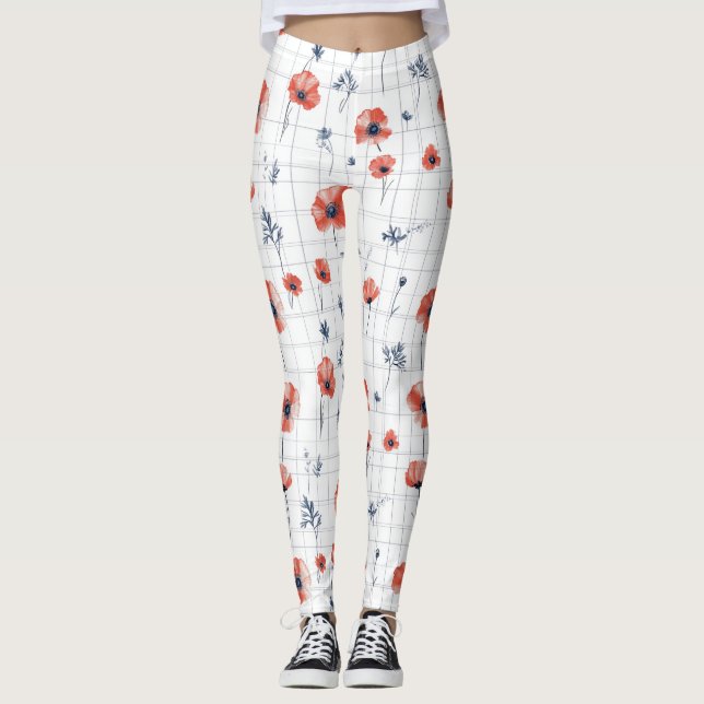 Watercolor Red Poppies Pattern on White Leggings (Front)