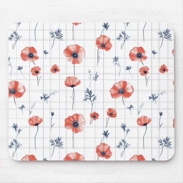 Watercolor Red Poppies Pattern on White Mouse Pad (Front)