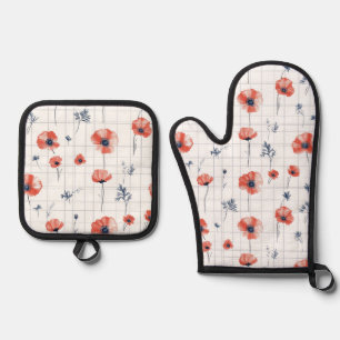 Watercolor Red Poppies Pattern on White Oven Mitt & Pot Holder Set
