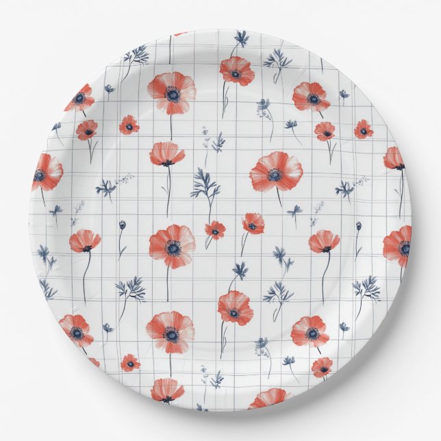 Watercolor Red Poppies Pattern on White Paper Plate (Front)