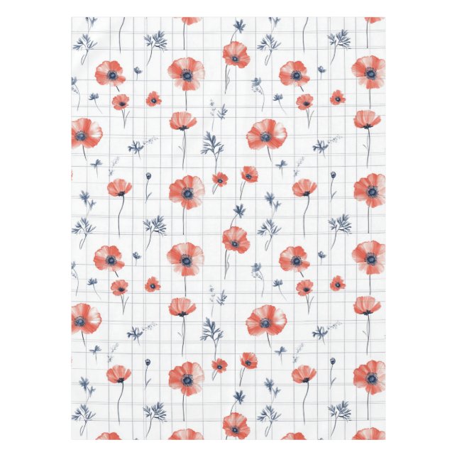 Watercolor Red Poppies Pattern on White Tablecloth (Front)