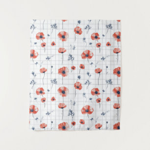 Watercolor Red Poppies Pattern on White Tapestry