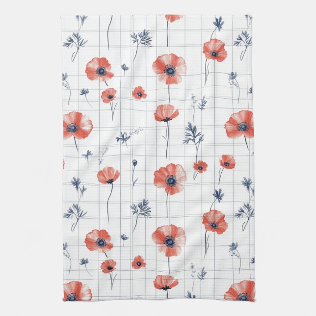 Watercolor Red Poppies Pattern on White Tea Towel (Vertical)