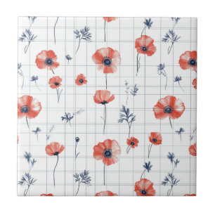 Watercolor Red Poppies Pattern on White Tile