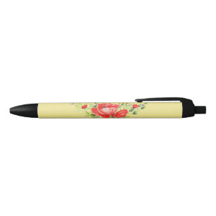 Watercolor Red Poppies Personalised Black Ink Pen