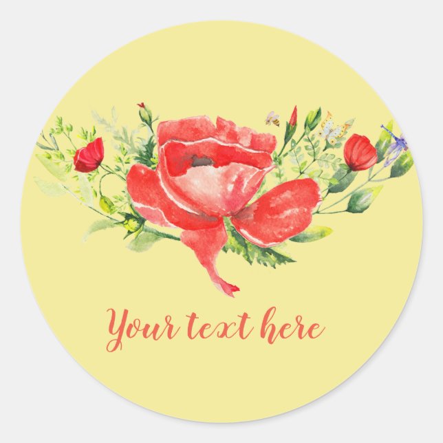 Watercolor Red Poppies Personalised Classic Round Sticker (Front)