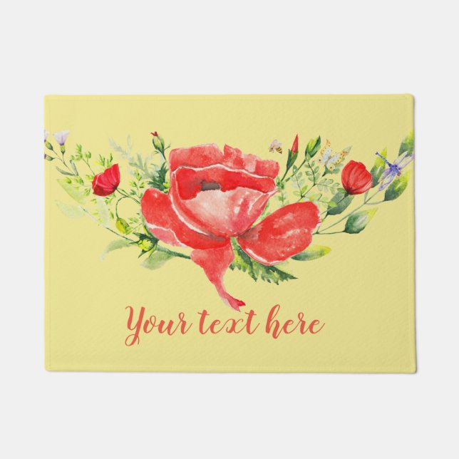 Watercolor Red Poppies Personalised Doormat (Front)