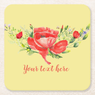 Watercolor Red Poppies Personalized Square Paper Coaster