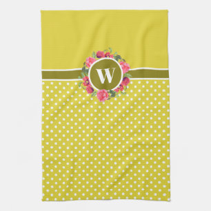 Watercolor Red Poppies Pink Rose Wreath Monogram Tea Towel