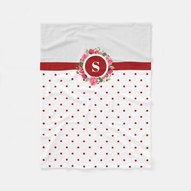 Watercolor Red Poppies Pink Roses Circle Wreath Fleece Blanket (Front)