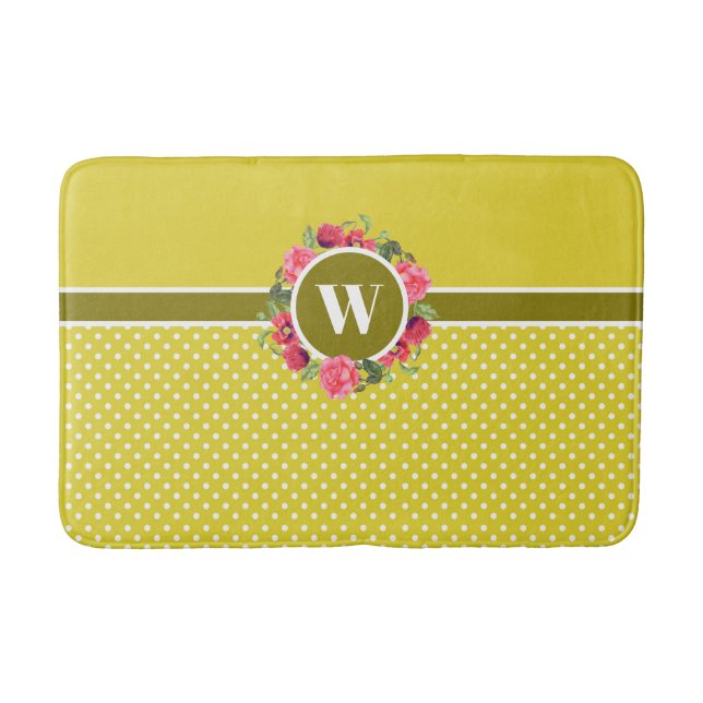 Watercolor Red Poppies Pink Roses Wreath Monogram Bath Mat (Front)