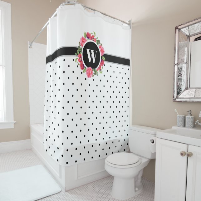 Watercolor Red Poppies Pink Roses Wreath Monogram Shower Curtain (In Situ)