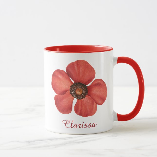 Watercolor Red Poppy Anemone Flower Monogram Name Mug (Right)