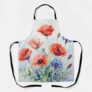 Watercolor Red Poppy Blue Cornflower Bouquet Apron