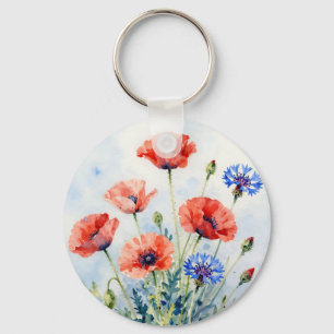 Watercolor Red Poppy Blue Cornflower Bouquet Key Ring