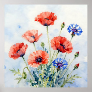 Watercolor Red Poppy Blue Cornflower Bouquet Poster