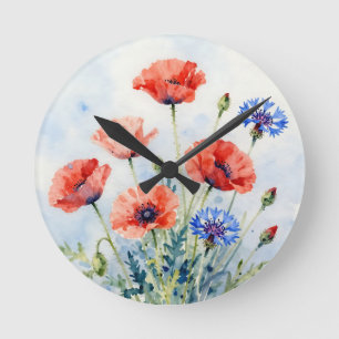 Watercolor Red Poppy Blue Cornflower Bouquet Round Clock