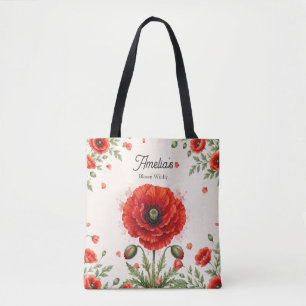 Watercolor Red Poppy Floral Monogram Girly Art Tote Bag