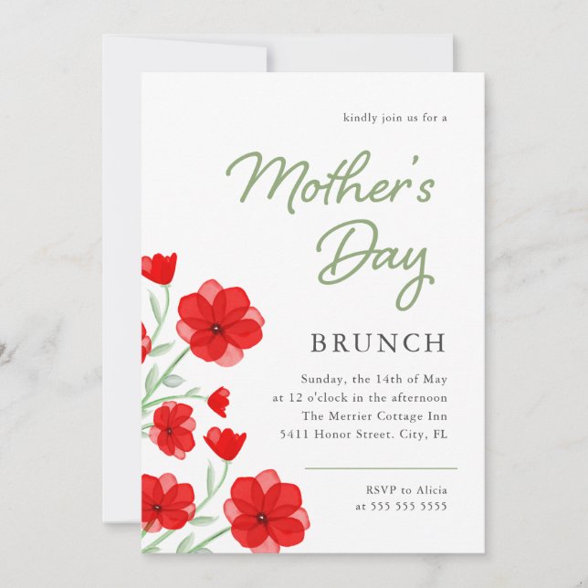 Watercolor Red Poppy Floral Mother's Day Brunch Invitation (Front)