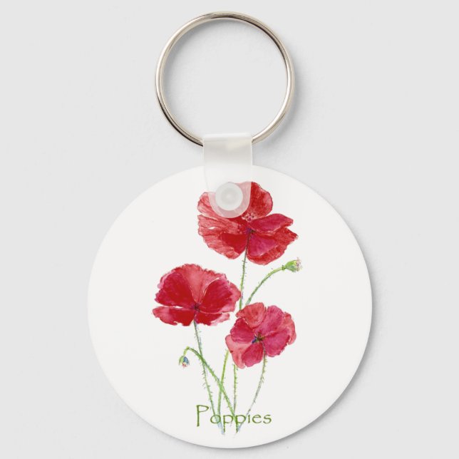 Watercolor Red Poppy Flower Floral Painting Key Ring (Front)