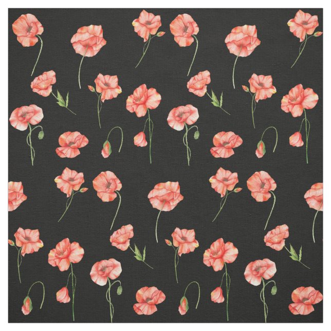 Watercolor Red Poppy Flowers Floral Black Fabric (Swatch)