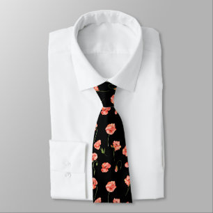 Watercolor Red Poppy Flowers Floral Black Tie