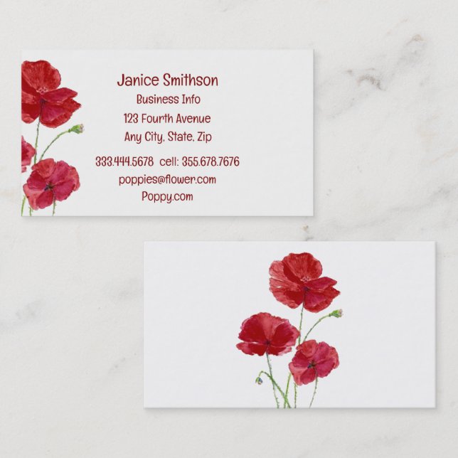 Watercolor Red Poppy Flowers Garden Floral Business Card (Front/Back)