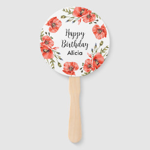 Watercolor Red Poppy Greenery 50th Birthday Hand Fan
