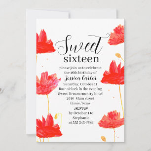 Watercolor Red Poppy Poppies Sweet 16 Sixteen Invitation