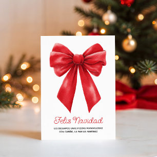 Watercolor Red Ribbon Feliz Navidad Holiday Card