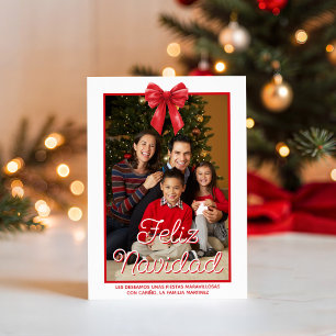 Watercolor Red Ribbon Full Photo Feliz Navidad Holiday Card